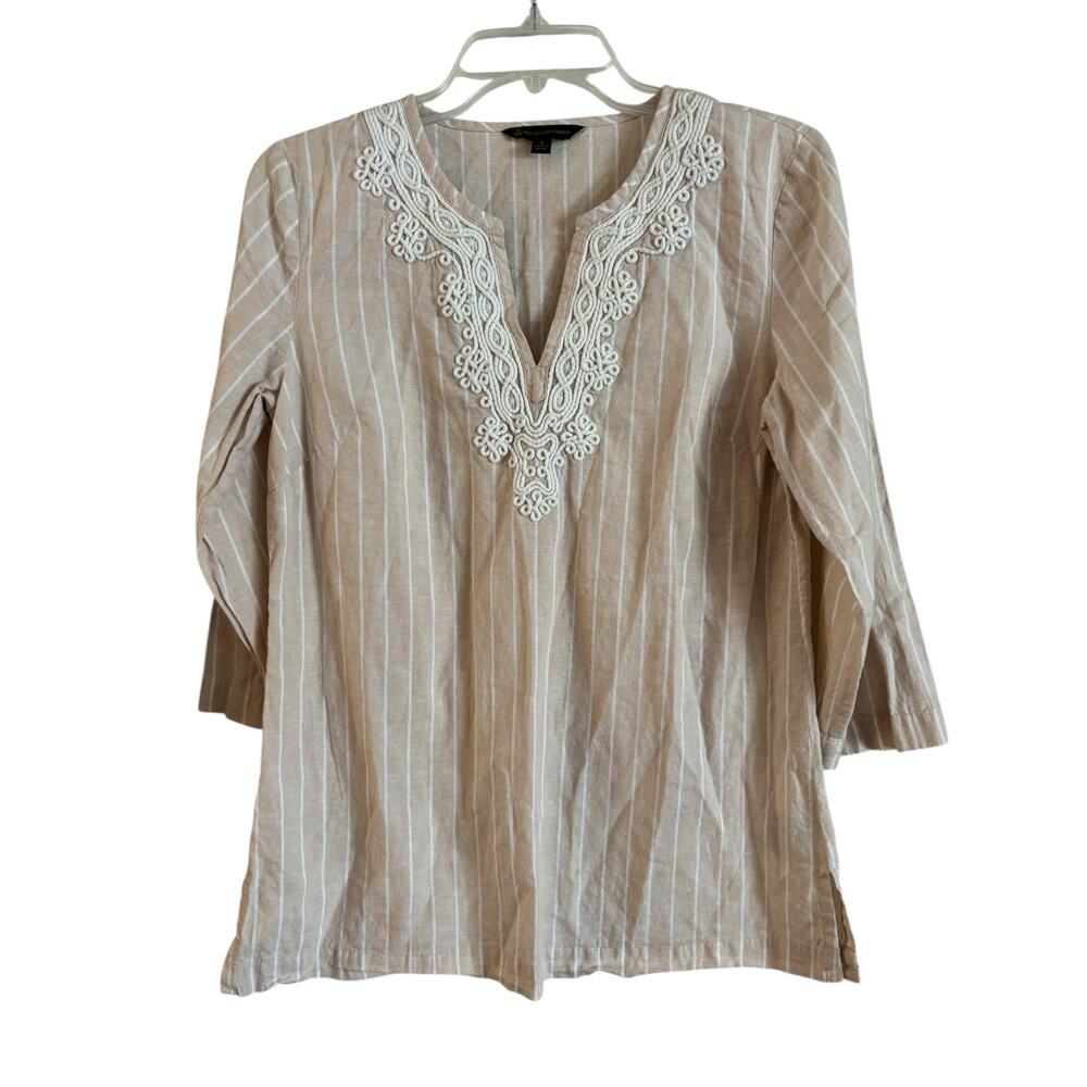 Brooks Brothers Linen Cotton Tunic Embroidered Piping Striped Beige White Small